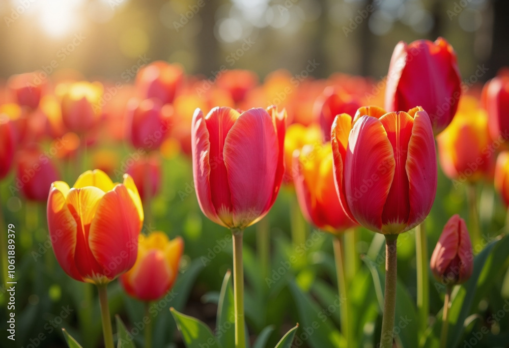 Fototapeta premium Bright tulips in full bloom under the golden sunlight during an Easter celebration in the park