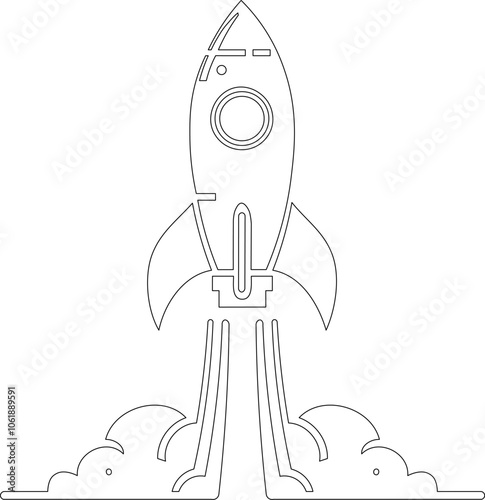 Minimalist illustration of rocket taking off with smoke trail just traces. Image that refers to growth, evolution, increase, enrichment