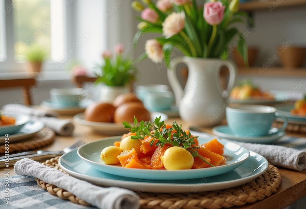 A festive Easter brunch with colorful dishes and fresh flowers on a sunlit dining table A festive Easter brunch with colorful dishes and fresh flowers on a sunlit dining table
