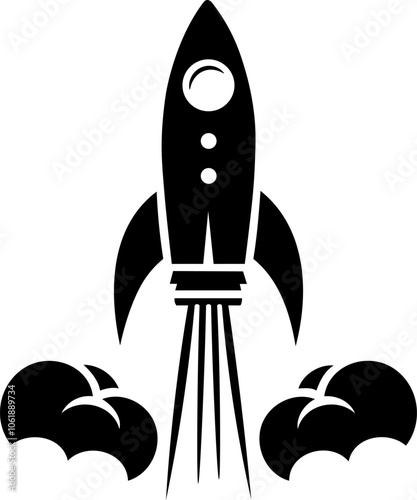 Minimalist illustration of rocket taking off with smoke trail passing through the clouds. Image that refers to growth, evolution, increase, enrichment