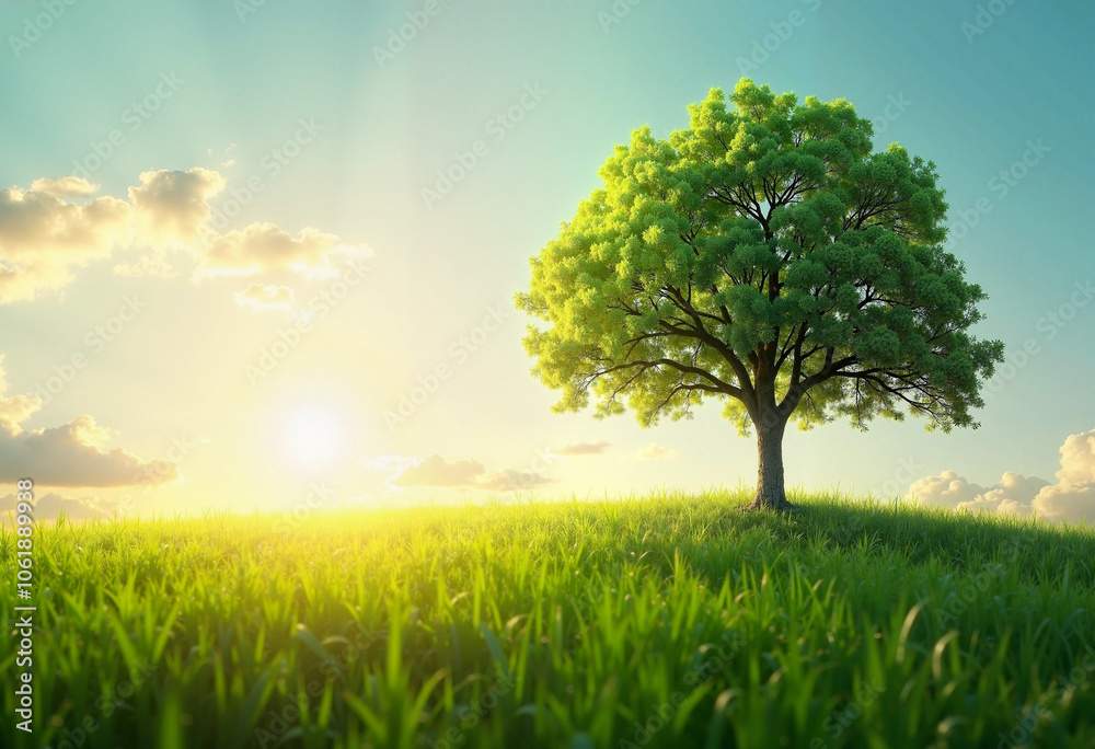 Fototapeta premium A serene Easter morning with sunlight illuminating a solitary tree amid lush green grass