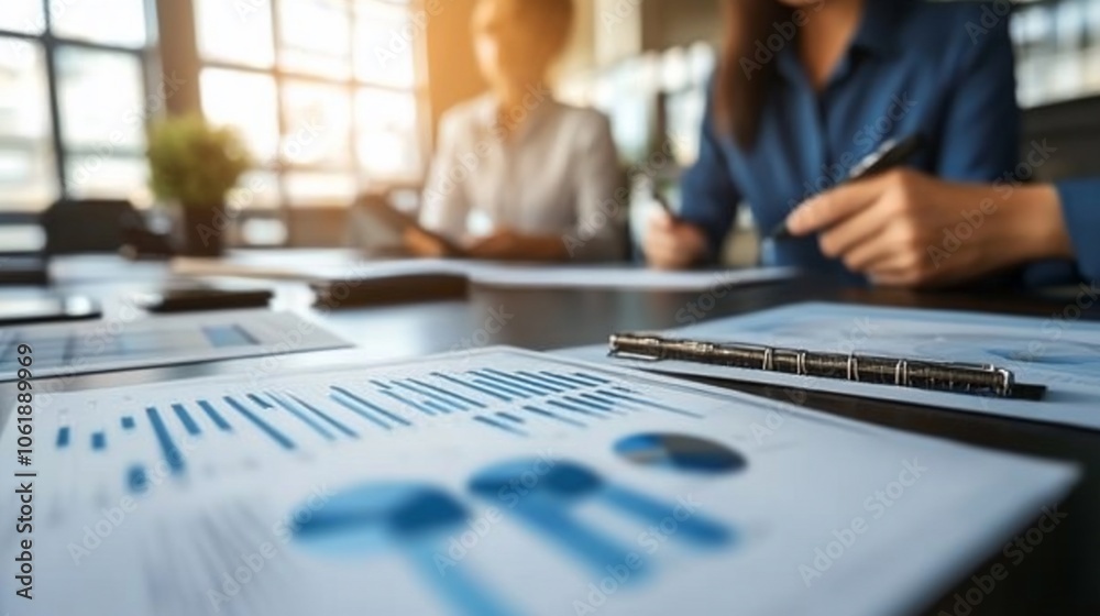 Close-up of a businesswoman's hand writing on a document with graphs and charts, with a colleague in the background. Close-up of a businesswoman's hand writing on a document with graphs and charts, with a colleague in the background.