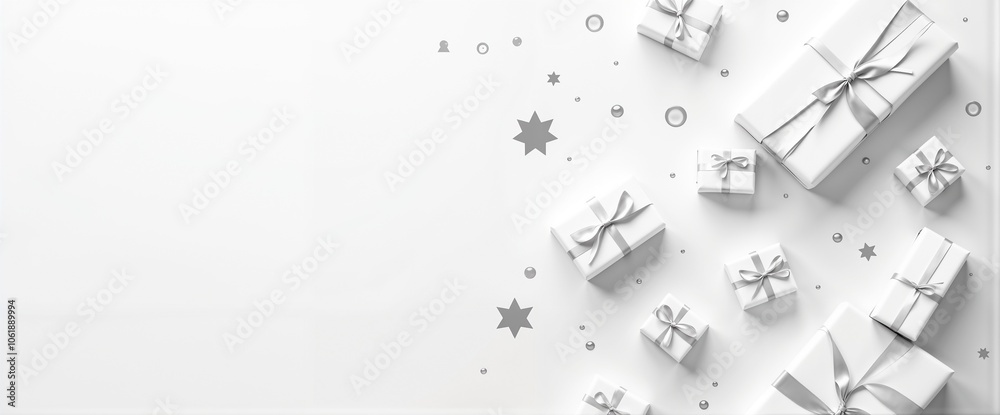 White gift boxes with silver ribbons on a light background with copy space for text White gift boxes with silver ribbons on a light background with copy space for text