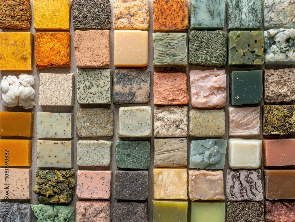 A vibrant display of artisanal soap samples arranged meticulously on a neutral background, showcasing varied textures and colors A vibrant display of artisanal soap samples arranged meticulously on a neutral background, showcasing varied textures and colors