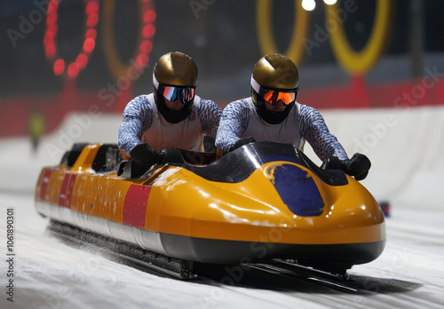 Professional bobsledding duo in action on icy track photo