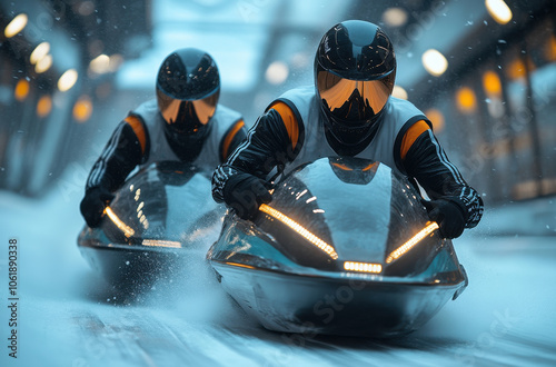 Two athletes racing down bobsled track in winter competition photo