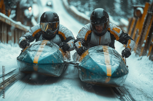 Two athletes racing in a bobsled on a snowy winter track