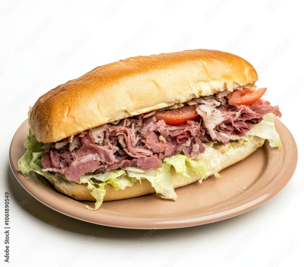 Delicious roast beef sandwich on a fresh bun with lettuce and tomato Delicious roast beef sandwich on a fresh bun with lettuce and tomato