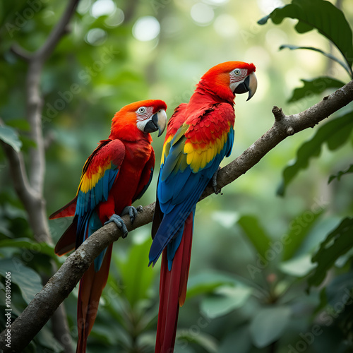 "Vibrant Scarlet Macaws in the Wild – Stunning Red, Blue, and Yellow Parrots Perched in Tropical Forest"