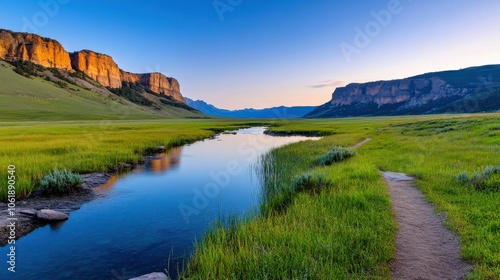 Mountain Riverbank Serenity: Majestic Peaks Meet Reflective Waters.