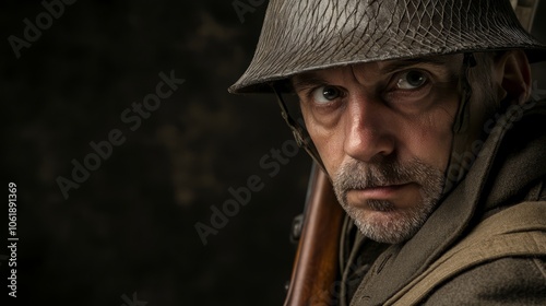 An Intense Soldier Portrait Captured Within a Detailed Historical Context and Narrative