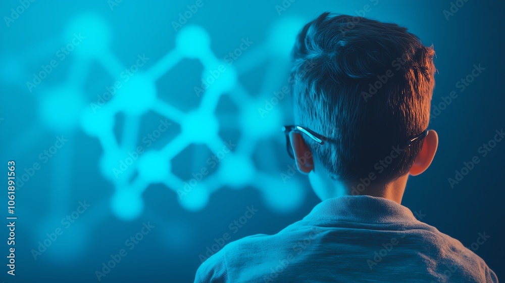 A child watching science experiments through an app side view with molecules forming onscreen scifi tone monochromatic color scheme A child watching science experiments through an app side view with molecules forming onscreen scifi tone monochromatic color scheme