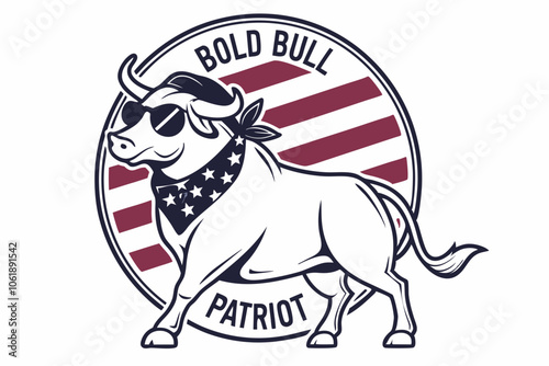 Bold Bull Patriot, A striking image of a bull in full Americana gear, with a bandana, shades, and stars-and-stripes in the background. This design embodies strength and patriotism