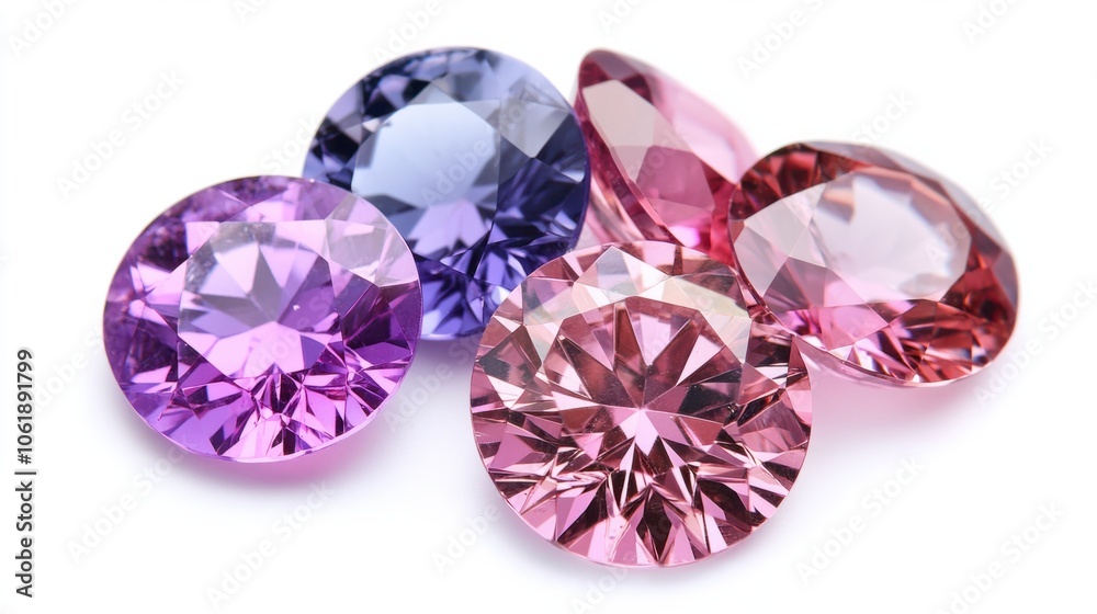 Colorful spinel gemstones in brilliant cuts, reflecting light beautifully on white background
