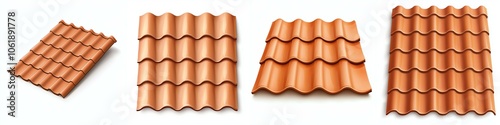 Different types of terracotta roof tiles on a white isolated background.