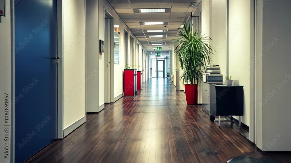 A long, empty hallway in an office building with a plant in a red pot on the right