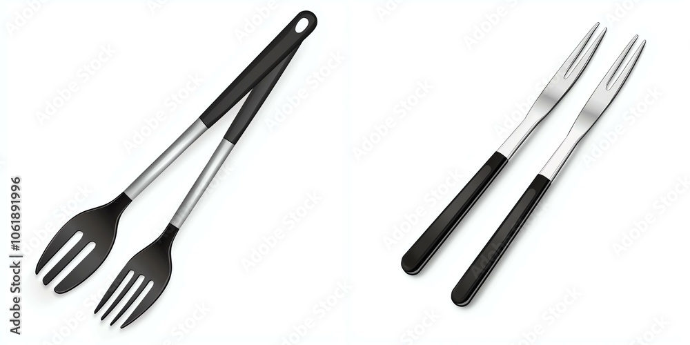 Two sets of kitchen serving utensils on a white isolate background. Two sets of kitchen serving utensils on a white isolate background.