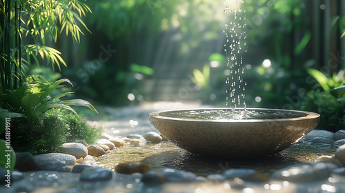 A tranquil Zen garden scene with a bamboo fountain dripping into a stone basin: Water gently drips from the bamboo into a smooth stone basin, surrounded by sand and carefully place