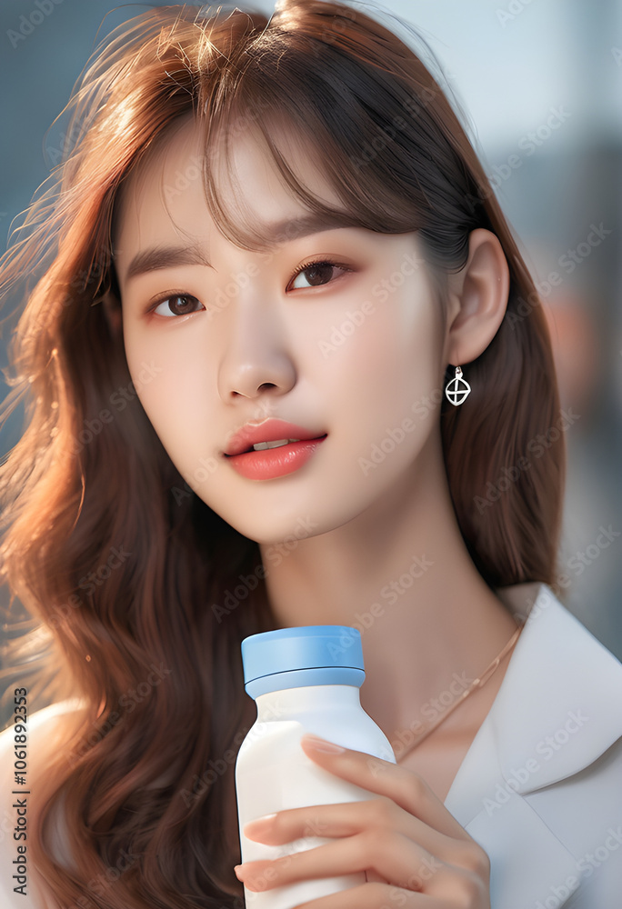 Woman holding product bottle for product presentation, pastel background, studio light Woman holding product bottle for product presentation, pastel background, studio light