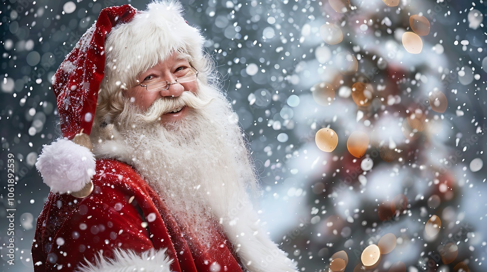 Santa Claus in a traditional red suit with a long white beard, smiling as he stands beside a sparkling Christmas tree Santa Claus in a traditional red suit with a long white beard, smiling as he stands beside a sparkling Christmas tree