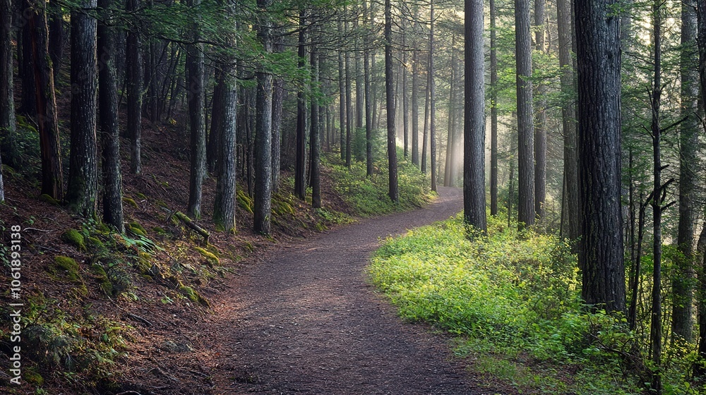 Curved trail in serene misty forest with sun rays Curved trail in serene misty forest with sun rays