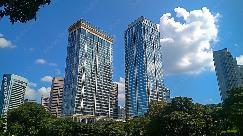 Two modern office buildings with glass facades against a blue sky with white clouds. Two modern office buildings with glass facades against a blue sky with white clouds.