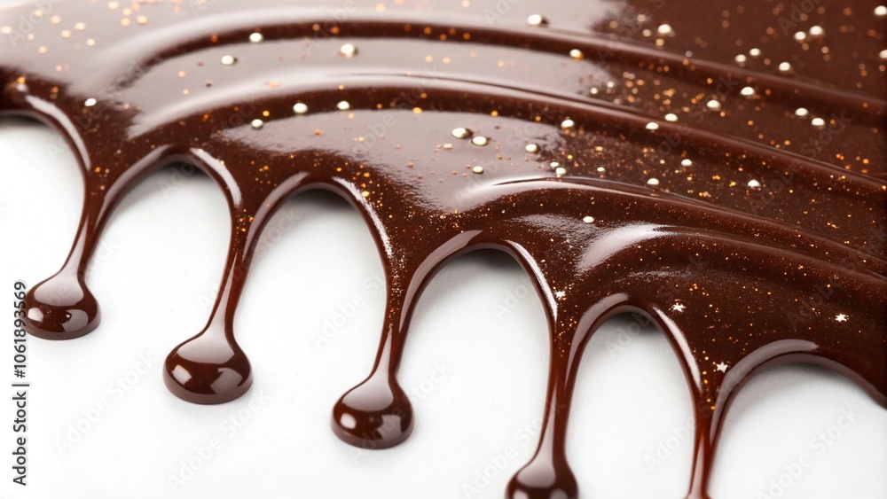 A close-up of rich, glossy chocolate sauce being poured, with golden sprinkles embedded in the flow, creating a luxurious and indulgent texture. Ideal for themes of dessert, gourmet treats, and culina A close-up of rich, glossy chocolate sauce being poured, with golden sprinkles embedded in the flow, creating a luxurious and indulgent texture. Ideal for themes of dessert, gourmet treats, and culina
