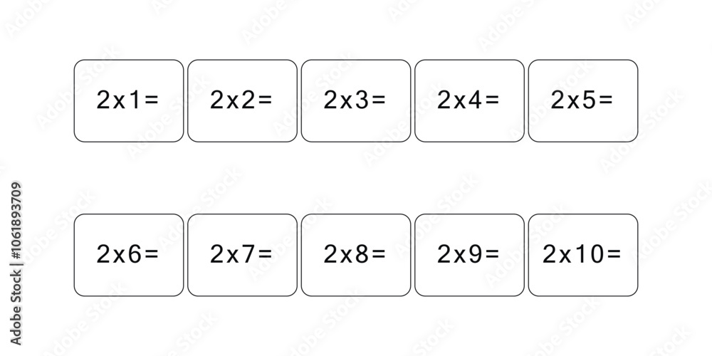 Multiplication and division table of 2. Maths card with an example, drawing. Multiplication Square, vector illustration. Printed products, banner, table for children, schoolchildren. School education