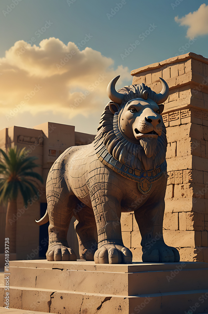 Naklejka premium A grand Assyrian winged bull statue, Lamassu, standing guard at the gates of a Mesopotamian city, symbolizing strength and protection.