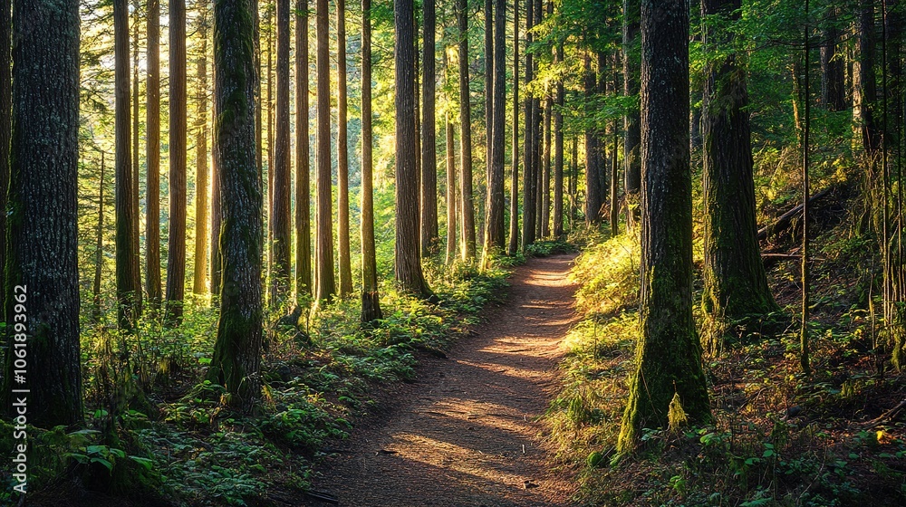 Fototapeta premium Sunlight piercing forest, illuminating serene trail