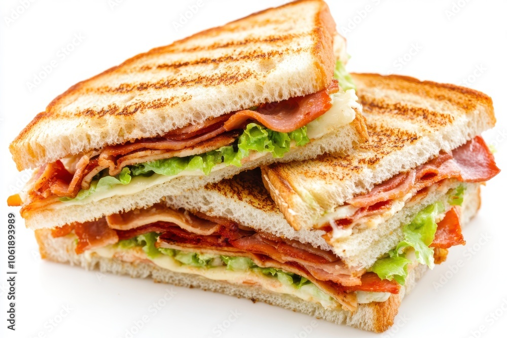 Grilled sandwich stacked with meats and lettuce.