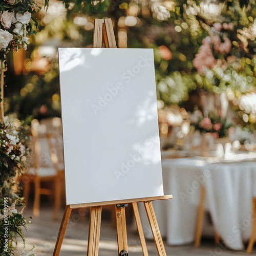 A blank white welcome sign mockup, size is 24 by 36 inches in portrait orientation, on an easel during a wedding party.