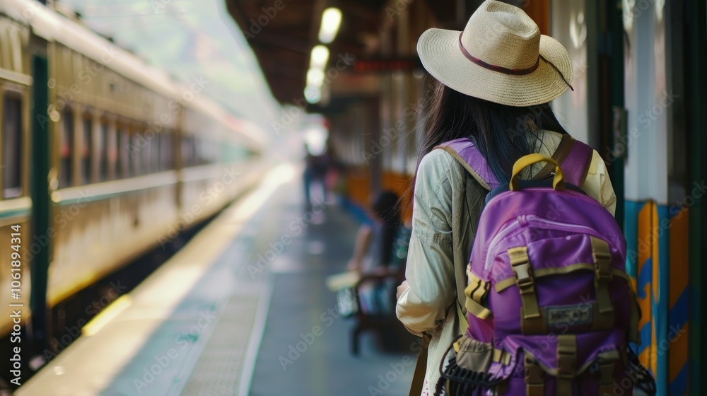Young Asian woman traveler walking beside train with backpack