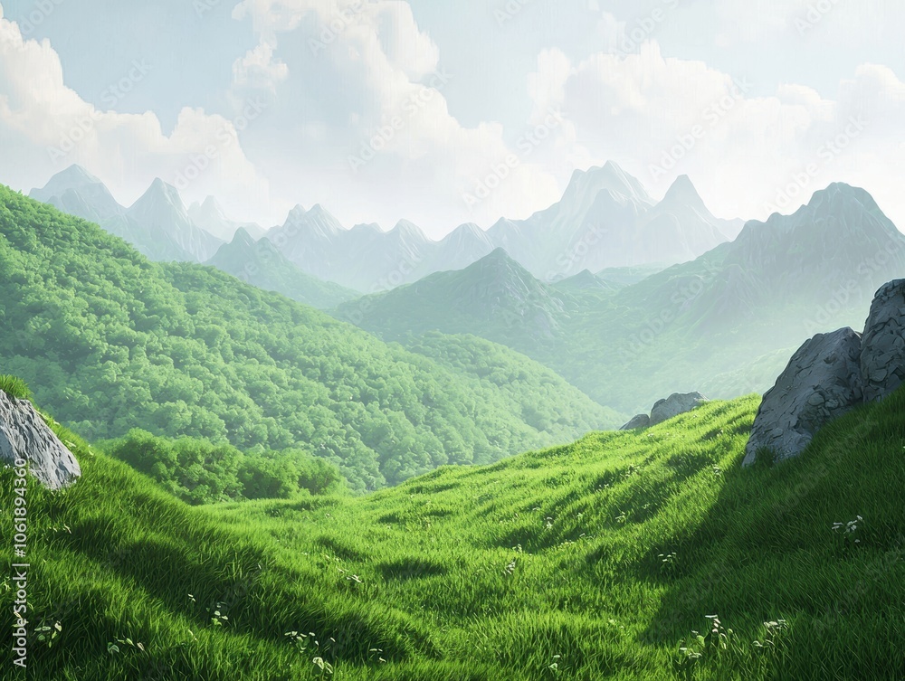 Peaceful Nature Scene on Mountain with Cloudy Sky Peaceful Nature Scene on Mountain with Cloudy Sky
