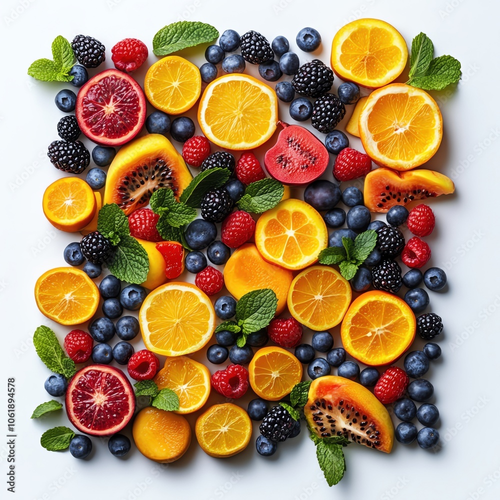 A creative arrangement of mixed fruits in geometric shapes, modern style, vibrant tones, isolated on white background.