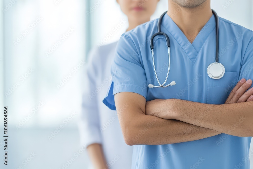 Close-up of a healthcare professional wearing a blue medical uniform and stethoscope, standing with arms crossed in a clinical setting.
