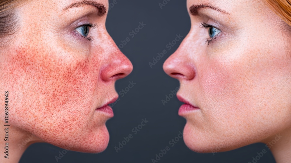 Obraz premium Detailed closeup of facial skin exhibiting inflammatory dermatological condition, understanding skin health and texture