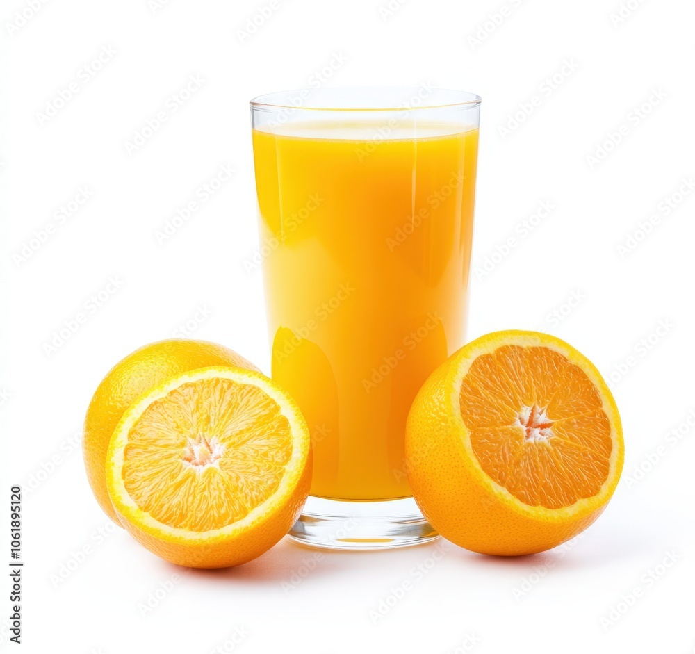 Freshly squeezed orange juice in a glass with oranges Freshly squeezed orange juice in a glass with oranges