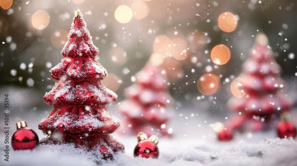 Obraz premium Festive scene with snow and decorative trees.