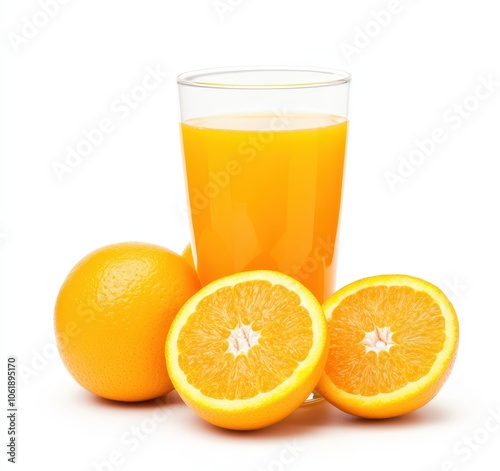 Refreshing glass of freshly squeezed orange juice with whole oranges