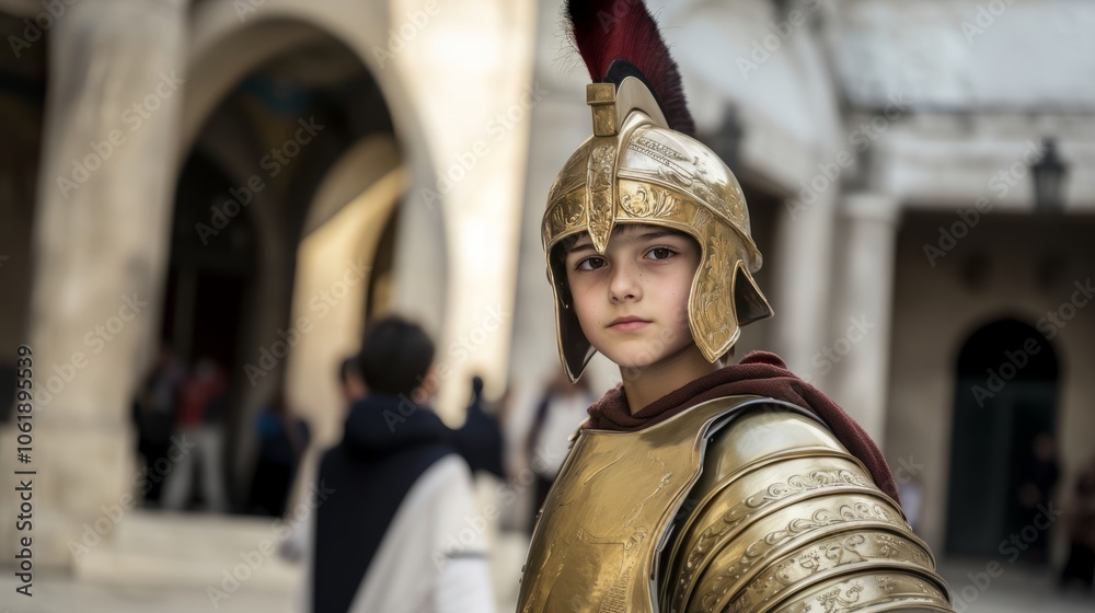 Obraz premium A young boy in shining armor and a sturdy helmet gazes at the camera