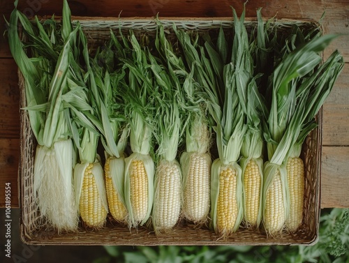 Harvested sweet corn arranged in a wicker basket, showcasing fresh produce ready for market in a rustic setting