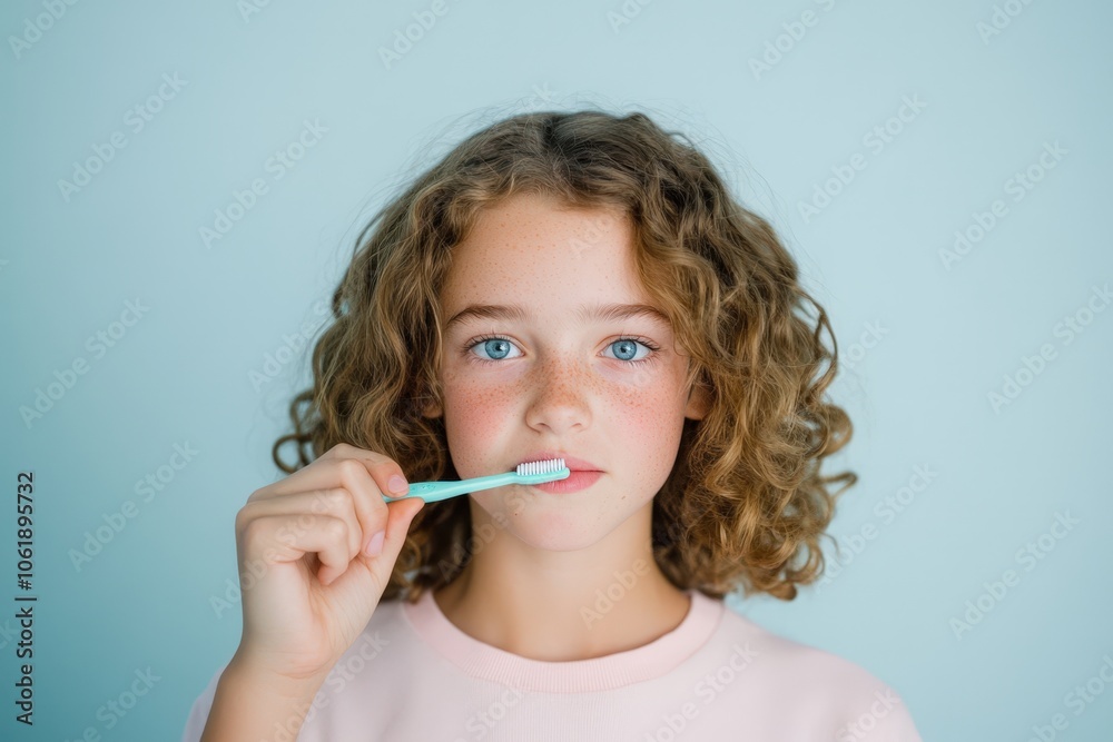 young girl with curly hair brushing her teeth young girl with curly hair brushing her teeth