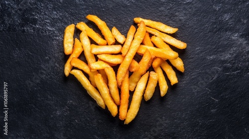 Heartshaped french fries on a black background, symbol of love and culinary delight for valentine's day photo