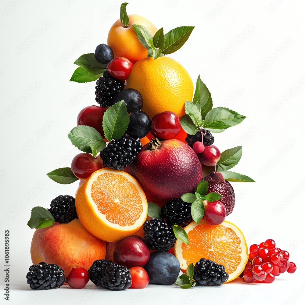 A creative display of fruits with unique shapes, surreal style, bold tones, isolated on white background.