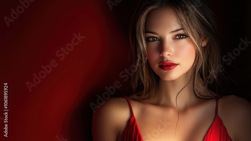 Elegant Woman in Red Dress Against Dramatic Red Background. Portrait of a woman in a striking red dress, exuding elegance and allure against a vivid red backdrop. 