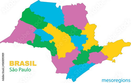 Map of the territory of the state of Sao Paulo with divisions by highlighted mesoregions, vector with simple lines of political divisions