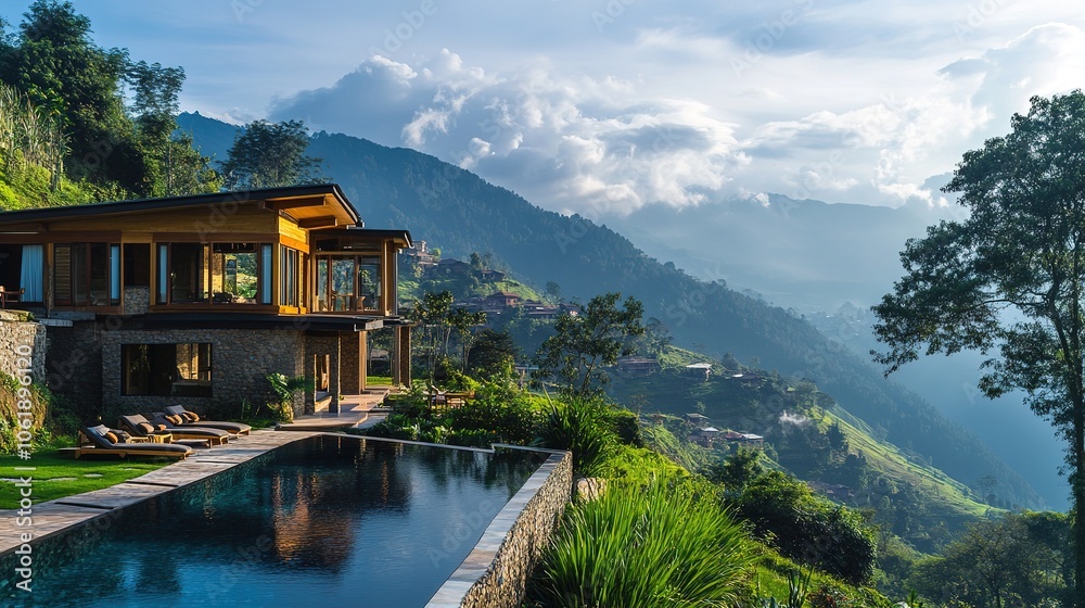 High-end adventure travelers staying in a luxurious eco-lodge in the mountains. High-end adventure travelers staying in a luxurious eco-lodge in the mountains.
