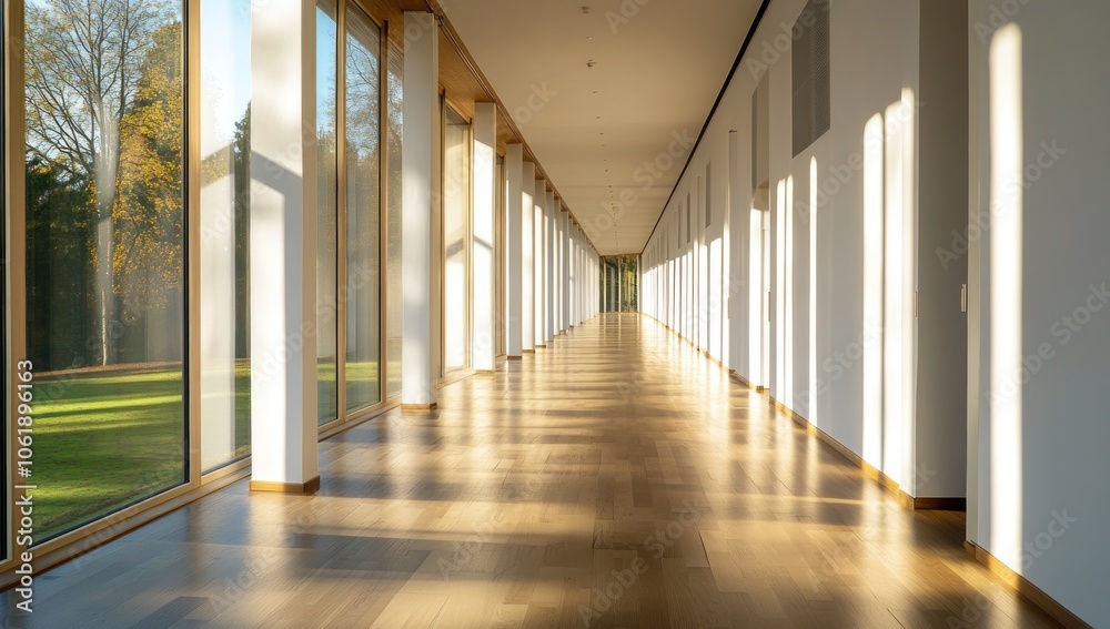 Naklejka premium Modern Hallway with Sunlight Streaming Through Windows