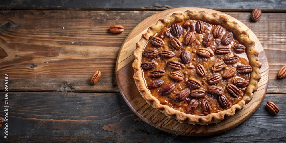A golden brown pecan pie with a flaky crust sits on a wooden cutting board, surrounded by scattered pecans, on a rustic wooden background. A golden brown pecan pie with a flaky crust sits on a wooden cutting board, surrounded by scattered pecans, on a rustic wooden background.